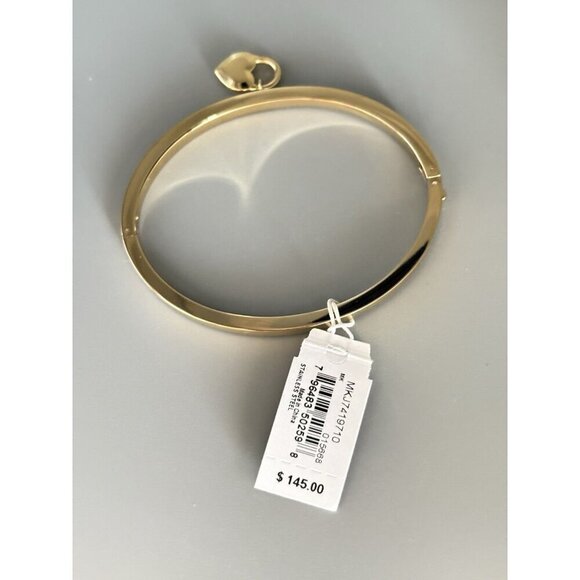 Michael Kors Logo Crystal Pave Heart Charm Gold Stainless Steel Hinge Bracelet - Picture 7 of 8
